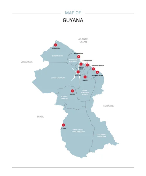 Guyana Vektör Harita Bölgeler Şehirler Kırmızı Iğne Beyaz Zemin Üzerine — Stok Vektör