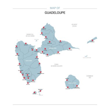 Guadeloupe vektör harita. Bölgeler, şehirler, kırmızı iğne ve beyaz zemin üzerine mavi yüzey ile düzenlenebilir bir şablona.