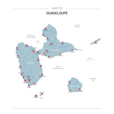 Guadeloupe vector map. Editable template with regions, cities, red pins and blue surface on white background. clipart