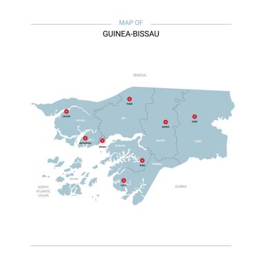 Gine-Bissau vektör harita. Bölgeler, şehirler, kırmızı iğne ve beyaz zemin üzerine mavi yüzey ile düzenlenebilir bir şablona.