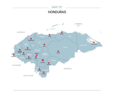 Honduras vektör harita. Bölgeler, şehirler, kırmızı iğne ve beyaz zemin üzerine mavi yüzey ile düzenlenebilir bir şablona.
