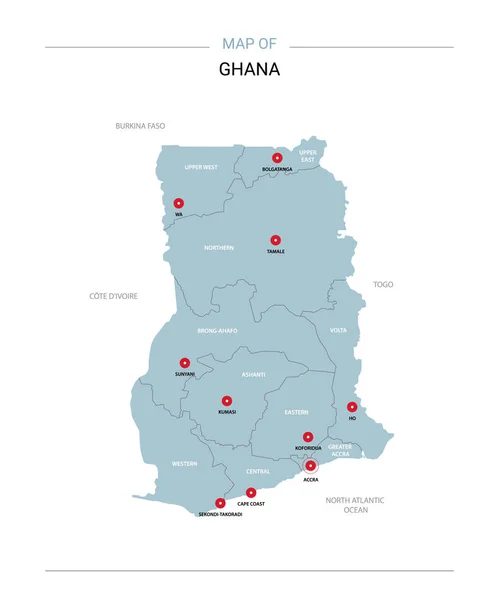 Γκάνα Διανυσματικό Χάρτη Επεξεργάσιμη Πρότυπο Περιφέρειες Πόλεις Κόκκινες Και Μπλε — Διανυσματικό Αρχείο