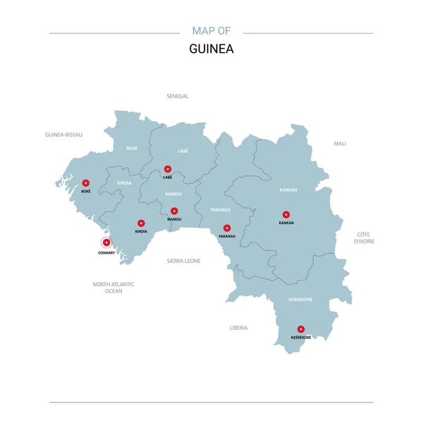 Mappa Vettoriale Della Guinea Modello Modificabile Con Regioni Città Spilli — Vettoriale Stock