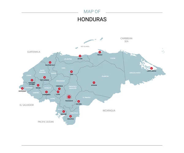 Honduras Wektor Mapę Edytowalny Szablon Regionów Miast Czerwone Szpilki Niebieski — Wektor stockowy