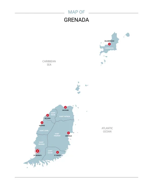 グレナダのベクター マップ 赤ピンと白い背景の青い表面と編集可能なテンプレート — ストックベクタ