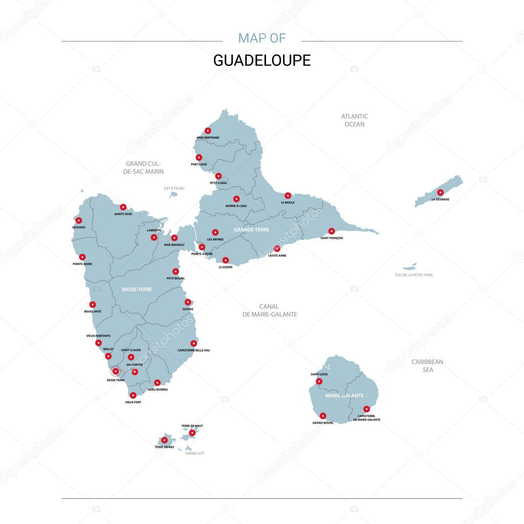 Guadeloupe vector map. Editable template with regions, cities, red pins and blue surface on white background.