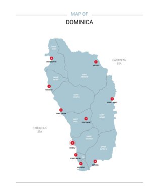 Dominika vektör harita. Bölgeler, şehirler, kırmızı iğne ve beyaz zemin üzerine mavi yüzey ile düzenlenebilir bir şablona.