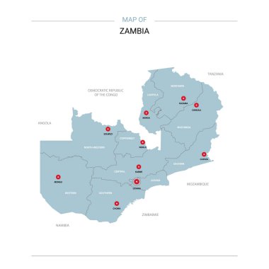Zambiya vektör harita. Bölgeler, şehirler, kırmızı iğne ve beyaz zemin üzerine mavi yüzey ile düzenlenebilir bir şablona. 