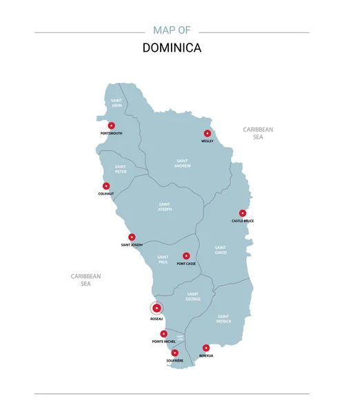 Dominica Mapa Vectorial Plantilla Editable Con Regiones Ciudades Pines Rojos — Archivo Imágenes Vectoriales