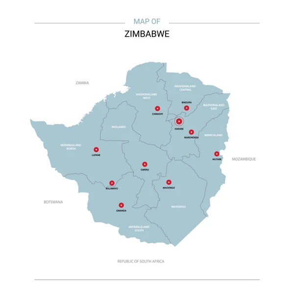 Zimbabwe Mapa Vectorial Plantilla Editable Con Regiones Ciudades Pines Rojos — Vector de stock