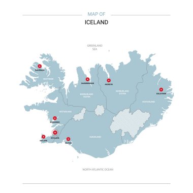İzlanda vektör harita. Bölgeler, şehirler, kırmızı iğne ve beyaz zemin üzerine mavi yüzey ile düzenlenebilir bir şablona. 