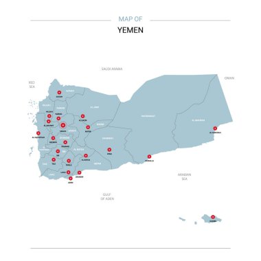 Yemen vektör harita. Bölgeler, şehirler, kırmızı iğne ve beyaz zemin üzerine mavi yüzey ile düzenlenebilir bir şablona. 