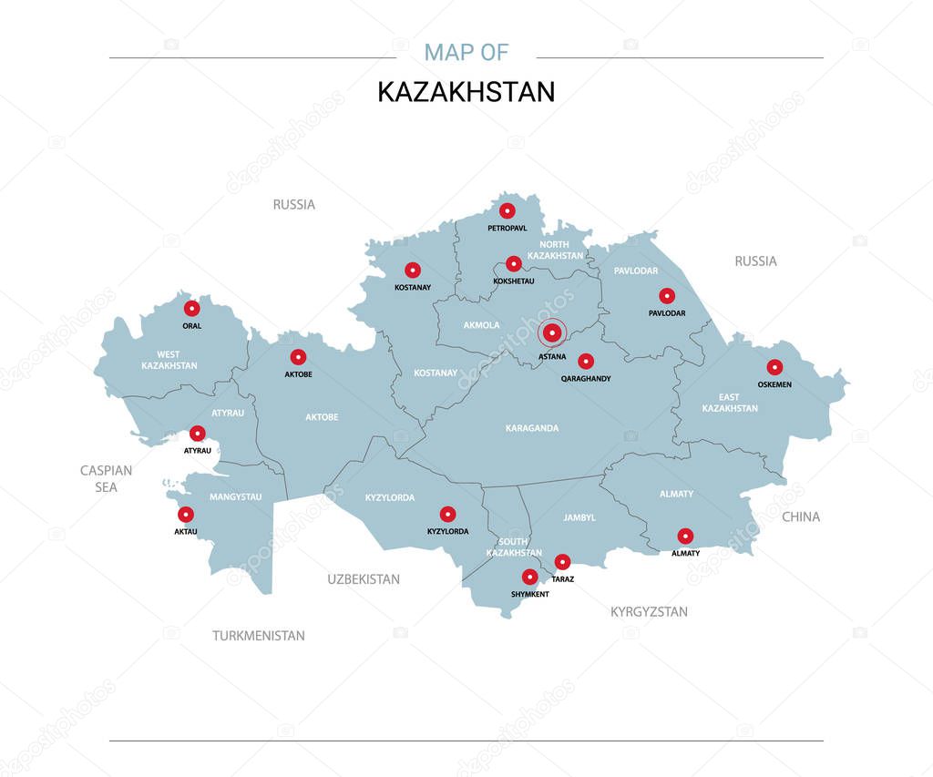 Kazakhstan vector map. Editable template with regions, cities, red pins and blue surface on white background. 