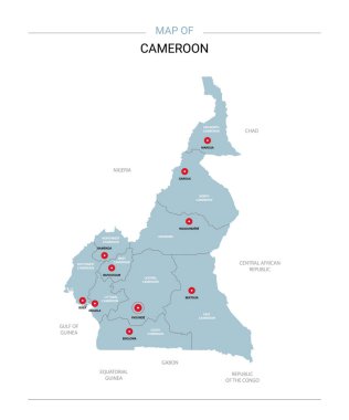 Kamerun vektör harita. Bölgeler, şehirler, kırmızı iğne ve beyaz zemin üzerine mavi yüzey ile düzenlenebilir bir şablona. 