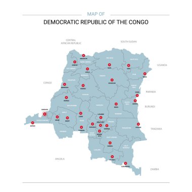 Dr Kongo vektör harita. Bölgeler, şehirler, kırmızı iğne ve beyaz zemin üzerine mavi yüzey ile düzenlenebilir bir şablona. 
