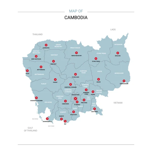 Cambodia Vector Map Editable Template Regions Cities Red Pins Blue — Stock Vector