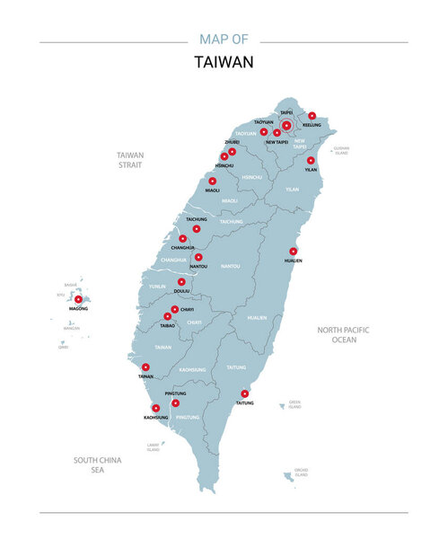 Taiwan vector map. Editable template with regions, cities, red pins and blue surface on white background. 