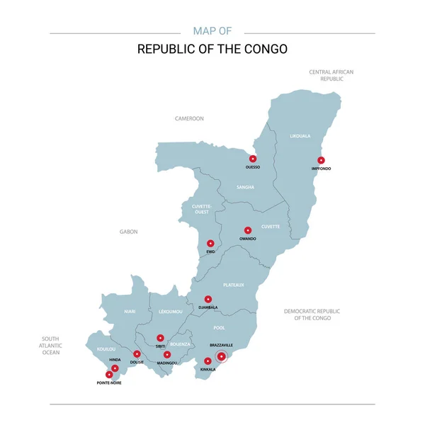 Congo Vector Map Editable Template Regions Cities Red Pins Blue — Stock Vector