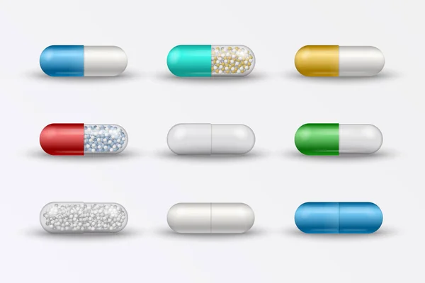 現実的なカラフルな医療薬 カプセルは 白い背景で隔離 医薬品錠剤 ベクトル イラスト — ストックベクタ
