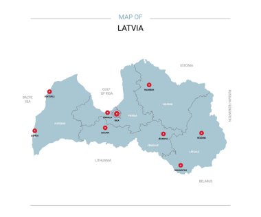 Letonya vektör harita. Bölgeler, şehirler, kırmızı iğne ve beyaz zemin üzerine mavi yüzey ile düzenlenebilir bir şablona. 