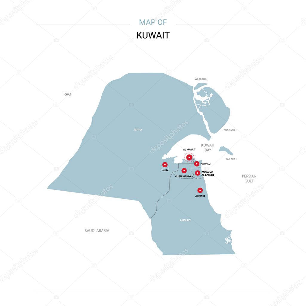 Kuwait vector map. Editable template with regions, cities, red pins and blue surface on white background. 