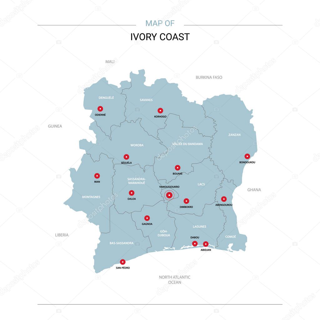 Ivory Coast vector map. Editable template with regions, cities, red pins and blue surface on white background. 
