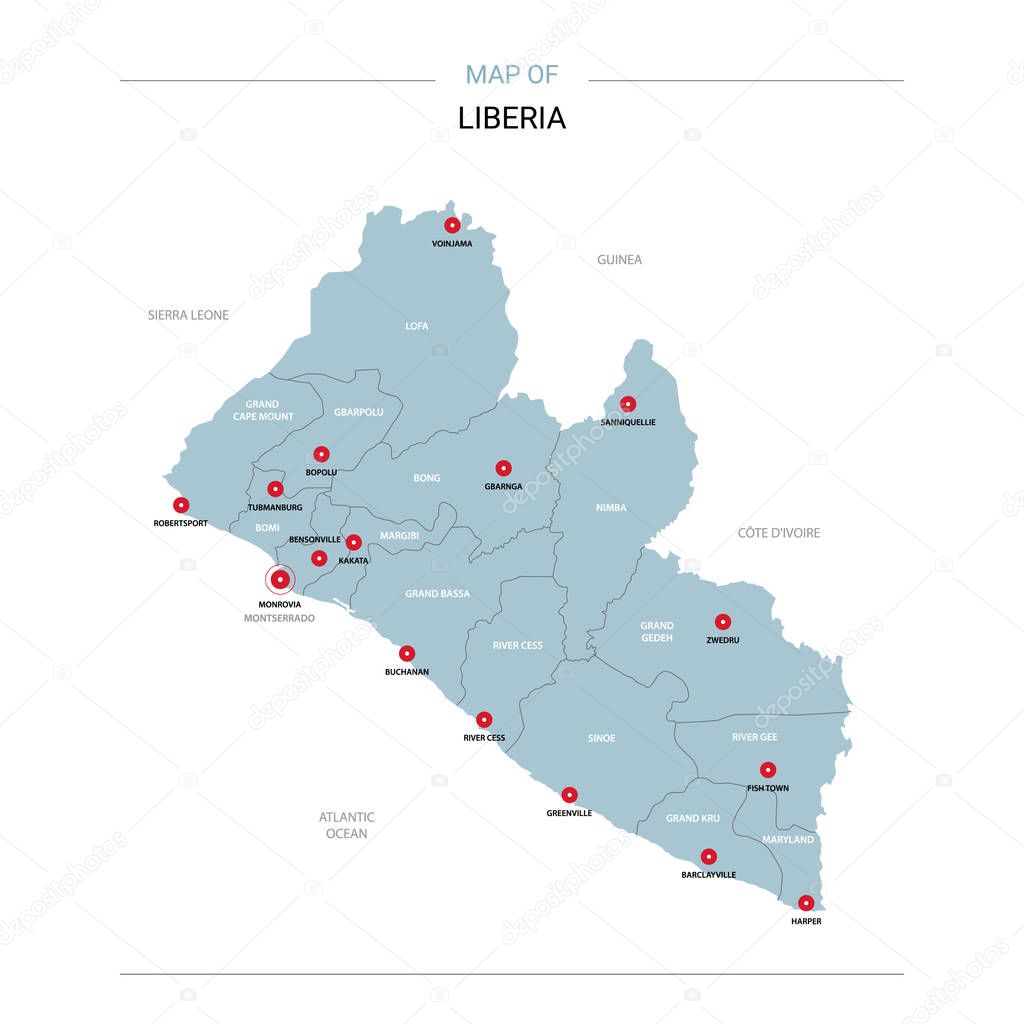 Liberia vector map. Editable template with regions, cities, red pins and blue surface on white background. 