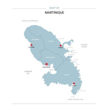 Martinique vektör harita. Bölgeler, şehirler, kırmızı iğne ve beyaz zemin üzerine mavi yüzey ile düzenlenebilir bir şablona. 