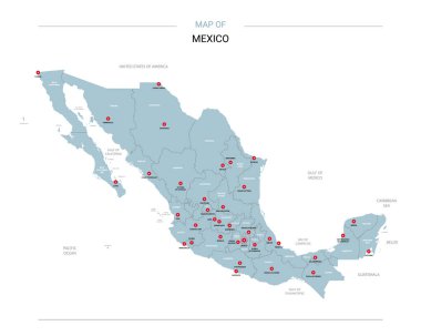 Meksika vektör harita. Bölgeler, şehirler, kırmızı iğne ve beyaz zemin üzerine mavi yüzey ile düzenlenebilir bir şablona. 