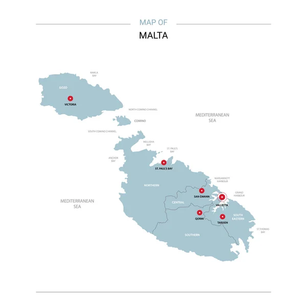 Malte Carte Vectorielle Modèle Modifiable Avec Régions Villes Broches Rouges — Image vectorielle
