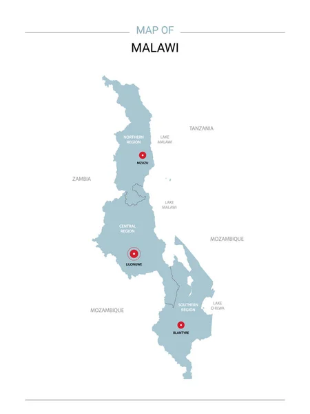 Malawi Mapa Vectorial Plantilla Editable Con Regiones Ciudades Pines Rojos — Vector de stock