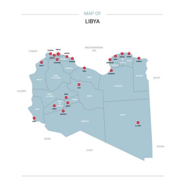 Libya vektör harita. Bölgeler, şehirler, kırmızı iğne ve beyaz zemin üzerine mavi yüzey ile düzenlenebilir bir şablona. 