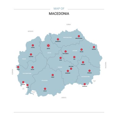 Makedonya vektör harita. Bölgeler, şehirler, kırmızı iğne ve beyaz zemin üzerine mavi yüzey ile düzenlenebilir bir şablona. 