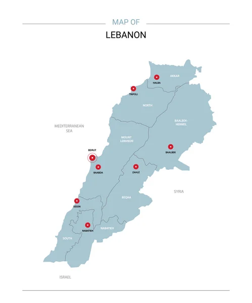 レバノンのベクター マップ 赤ピンと白い背景の青い表面と編集可能なテンプレート — ストックベクタ