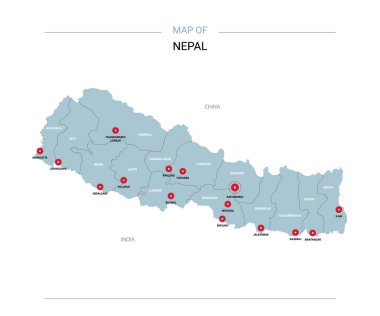 Nepal vektör harita. Bölgeler, şehirler, kırmızı iğne ve beyaz zemin üzerine mavi yüzey ile düzenlenebilir bir şablona. 