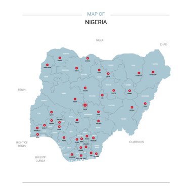 Nijerya vektör harita. Bölgeler, şehirler, kırmızı iğne ve beyaz zemin üzerine mavi yüzey ile düzenlenebilir bir şablona. 