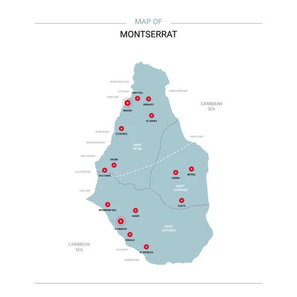 Mapa Vectorial Montserrat Plantilla Editable Con Regiones Ciudades Pines Rojos — Vector de stock