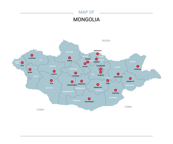 Moğolistan Vektör Harita Bölgeler Şehirler Kırmızı Iğne Beyaz Zemin Üzerine — Stok Vektör