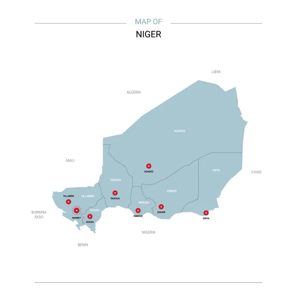 Mapa Vectorial Niger Plantilla Editable Con Regiones Ciudades Pines Rojos — Archivo Imágenes Vectoriales