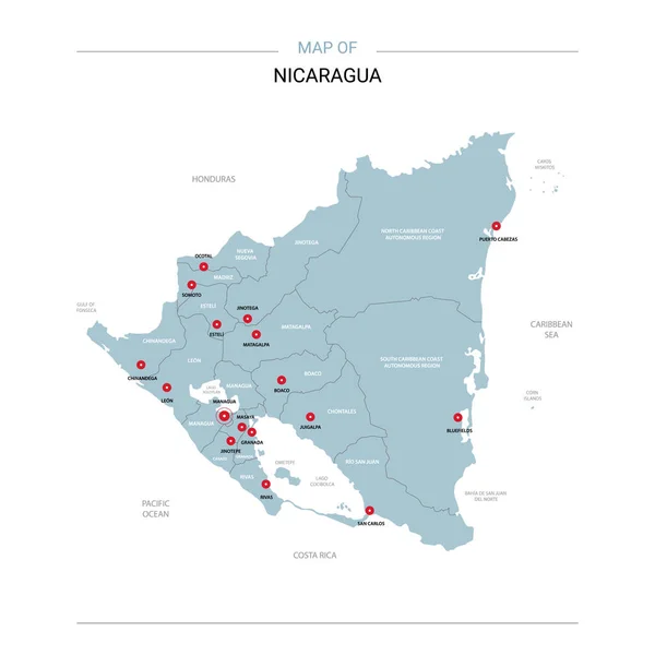 Nicaragua Vector Map Editable Template Regions Cities Red Pins Blue — Stock Vector
