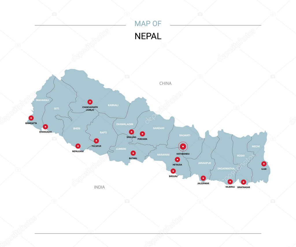 Nepal vector map. Editable template with regions, cities, red pins and blue surface on white background. 