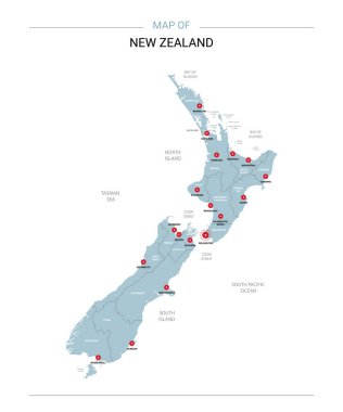 Yeni Zelanda vektör harita. Bölgeler, şehirler, kırmızı iğne ve beyaz zemin üzerine mavi yüzey ile düzenlenebilir bir şablona. 