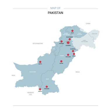 Pakistan vektör harita. Bölgeler, şehirler, kırmızı iğne ve beyaz zemin üzerine mavi yüzey ile düzenlenebilir bir şablona. 