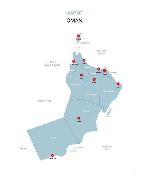 Carte Vectorielle Oman Modèle Modifiable Avec Régions Villes Broches Rouges — Image vectorielle