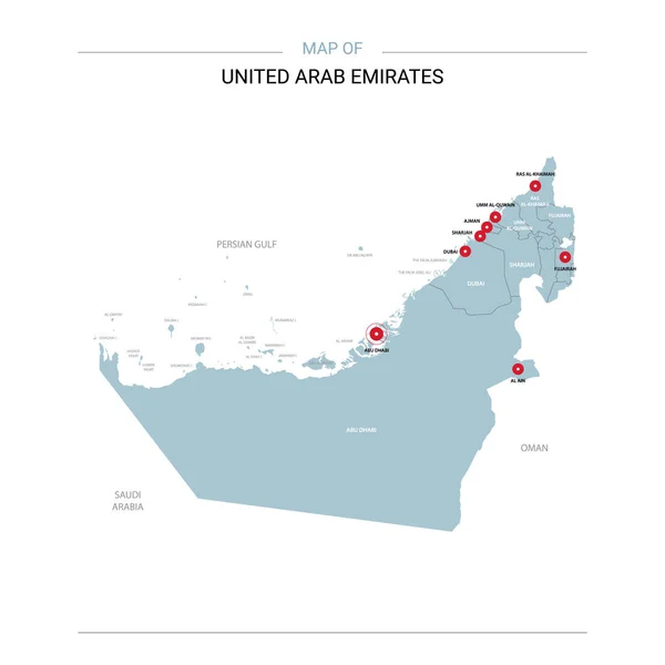 Birleşik Arap Emirlikleri Vektör Harita Bölgeler Şehirler Kırmızı Iğne Beyaz — Stok Vektör