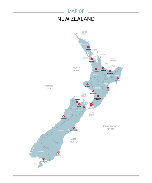 Векторная Карта Новой Зеландии Стол Регионами Городами Красными Соснами Синей — стоковый вектор