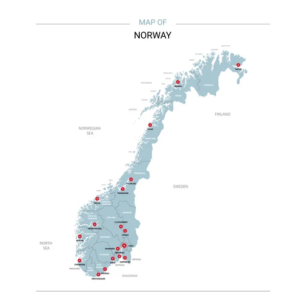 Noruega Mapa Vetorial Modelo Editável Com Regiões Cidades Pinos Vermelhos — Vetor de Stock