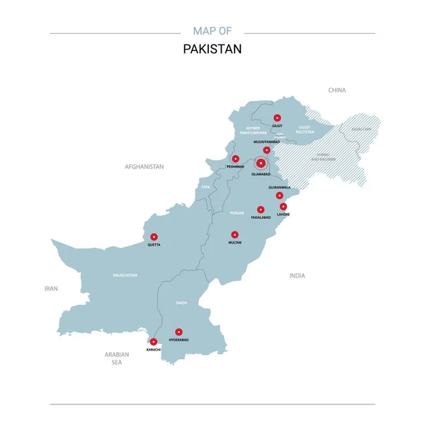 Pakistan Vektör Harita Bölgeler Şehirler Kırmızı Iğne Beyaz Zemin Üzerine — Stok Vektör