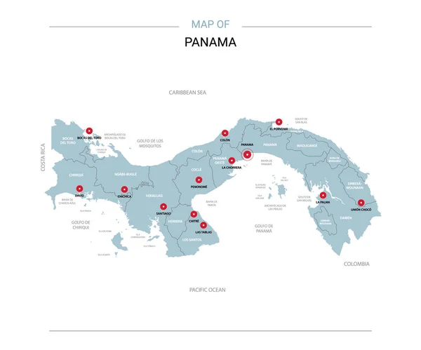 Panama Vektor Megjelenítése Régiók Városok Vörös Csapokat Fehér Alapon Kék — Stock Vector