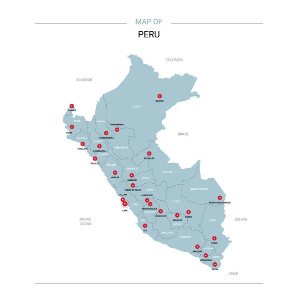 Pérou Carte Vectorielle Modèle Modifiable Avec Régions Villes Broches Rouges — Image vectorielle